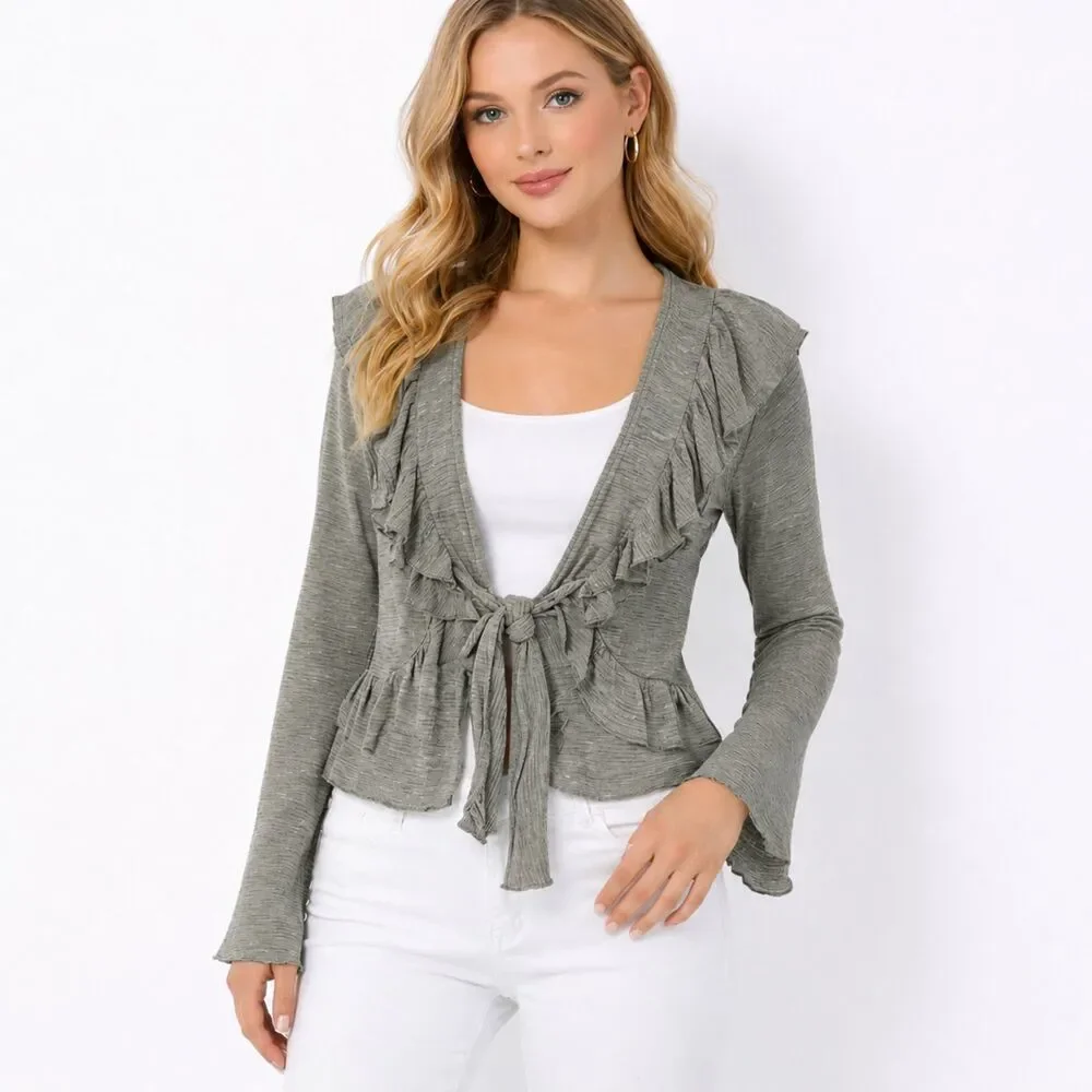 Ya LA Cardigan Large Sweater Ruffled Gray NWT